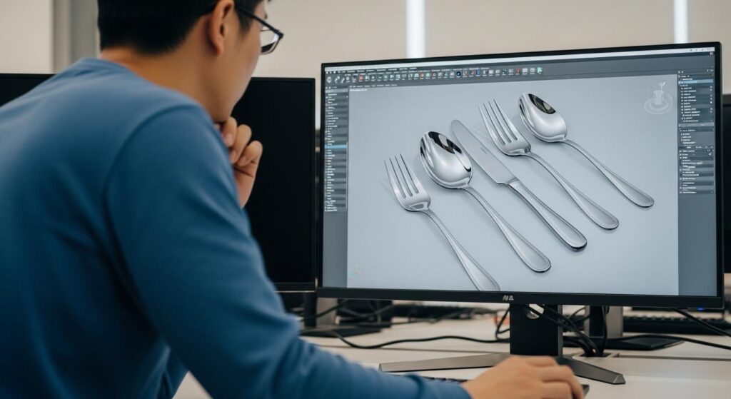 An engineer carefully reviewing a detailed 3D CAD model of a custom fork on a computer screen