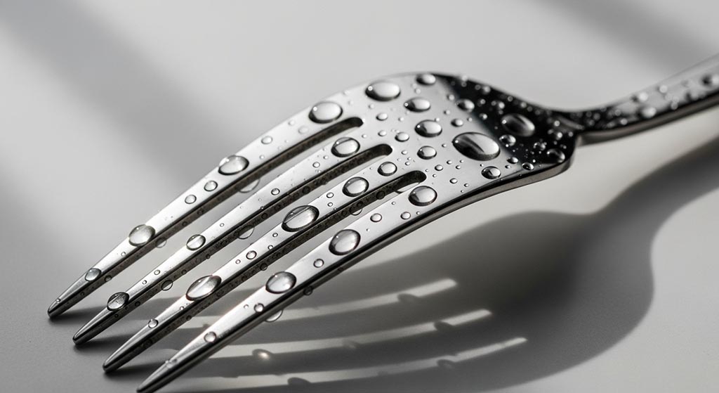 A pristine piece of forged stainless steel flatware with water beading on its surface