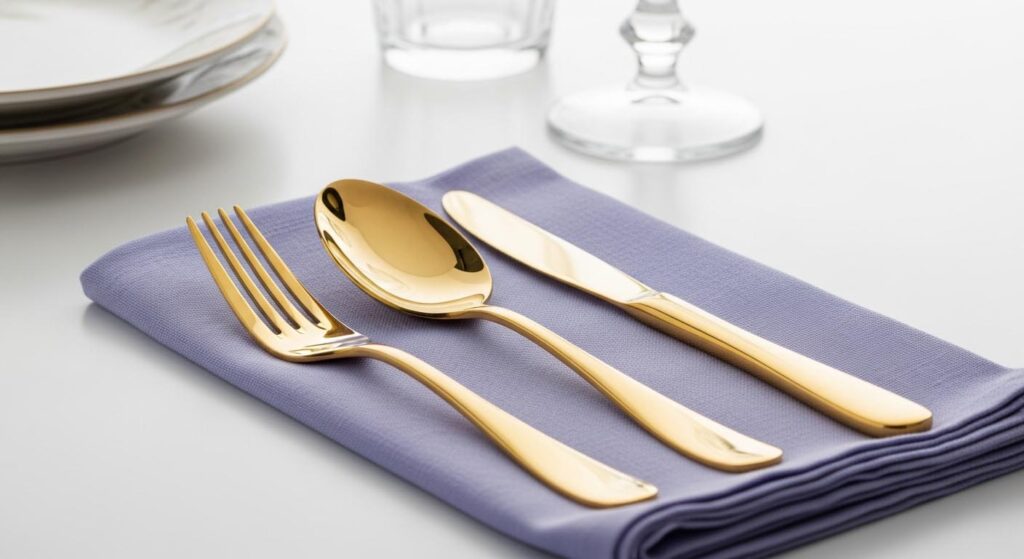 A classic, elegant set of metal flatware laid out on a dining table