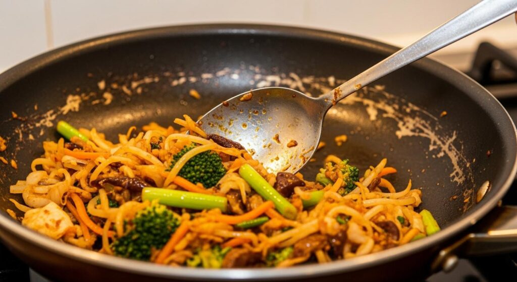 A metal spoon shown scratching the dark, non-stick coating inside of a cooking pan