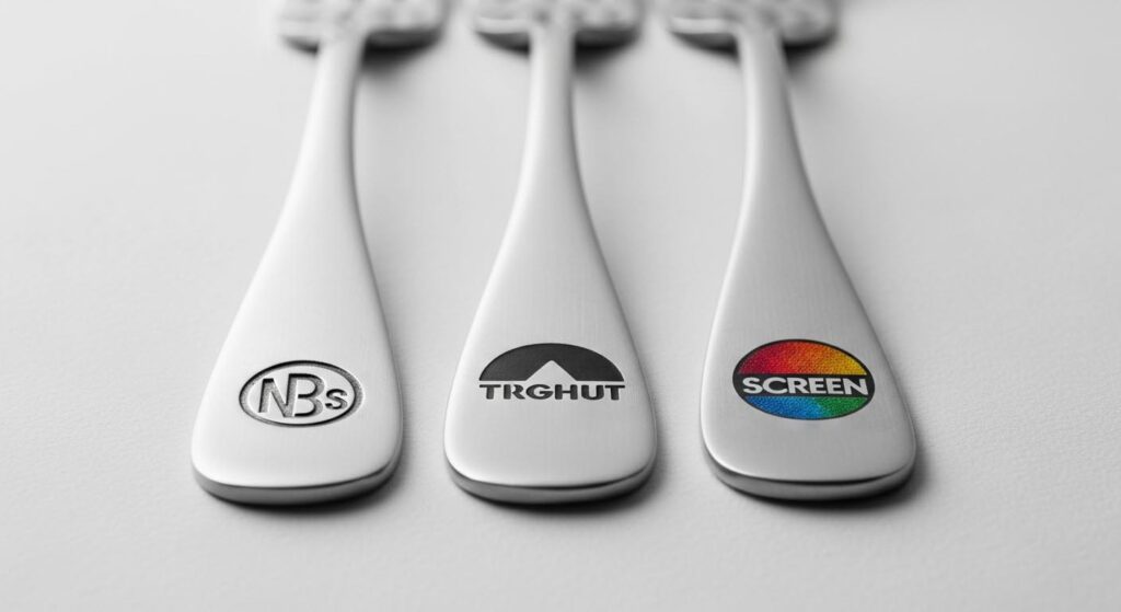 A comparison image showing the different looks of laser, stamped, and etched logos