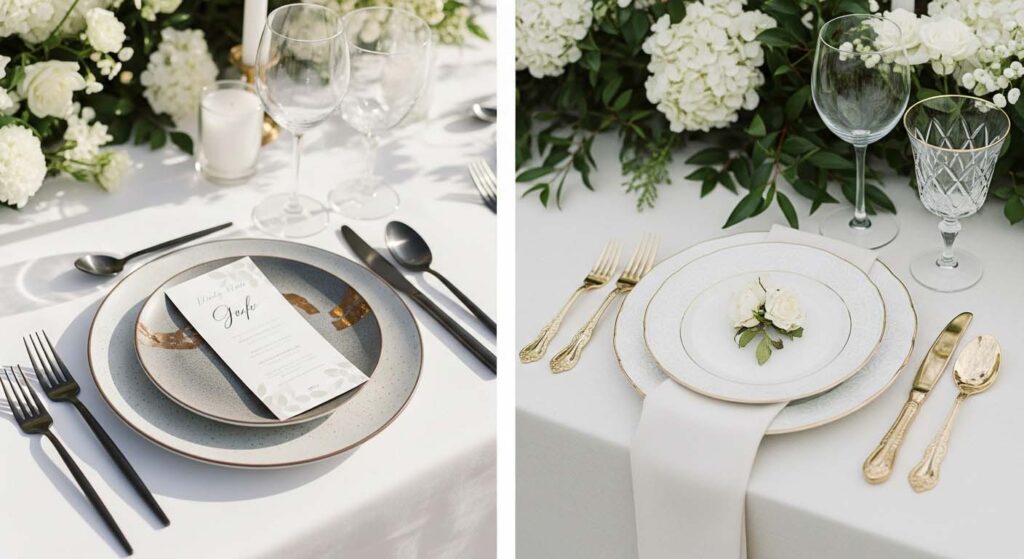A side-by-side view of a modern plate with black flatware and a traditional china plate with ornate gold flatware