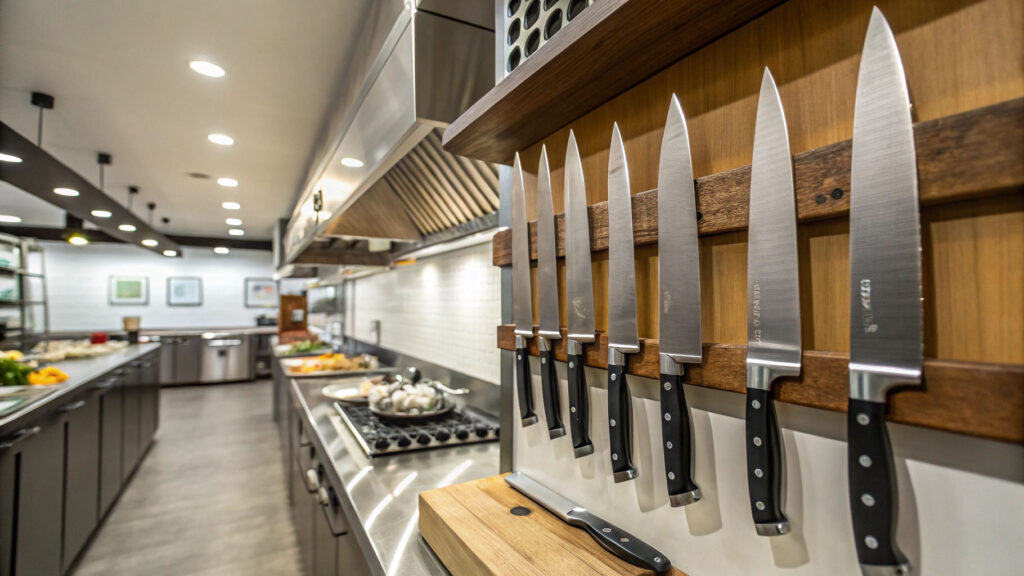 A chef's kitchen with various 420 stainless steel knives