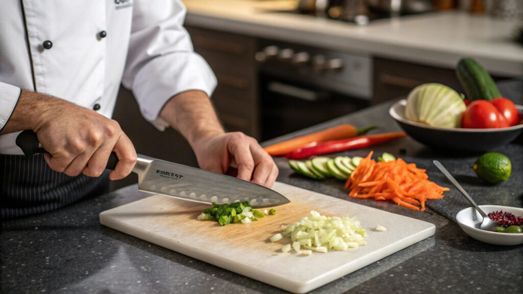 A chef using a sharp 420 grade knife next to a 304 steel spoon
