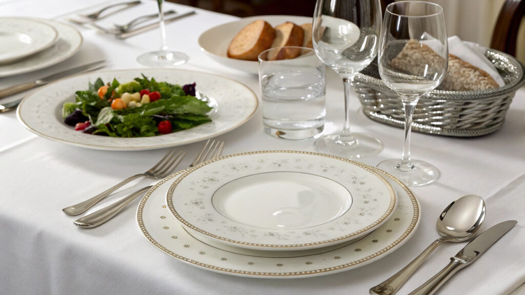 Stacks of different types of restaurant-grade stainless steel flatware
