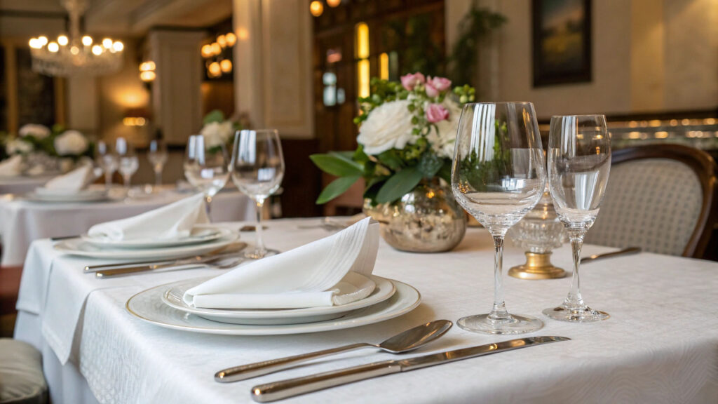 An elegant table setting at a high-end restaurant with polished silverware