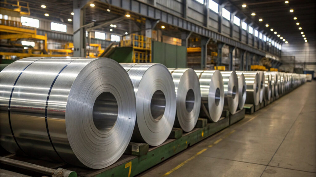 Rolls of raw stainless steel in a factory