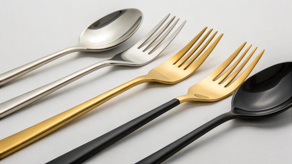 A comparison of classic silver flatware next to trendy black and gold sets