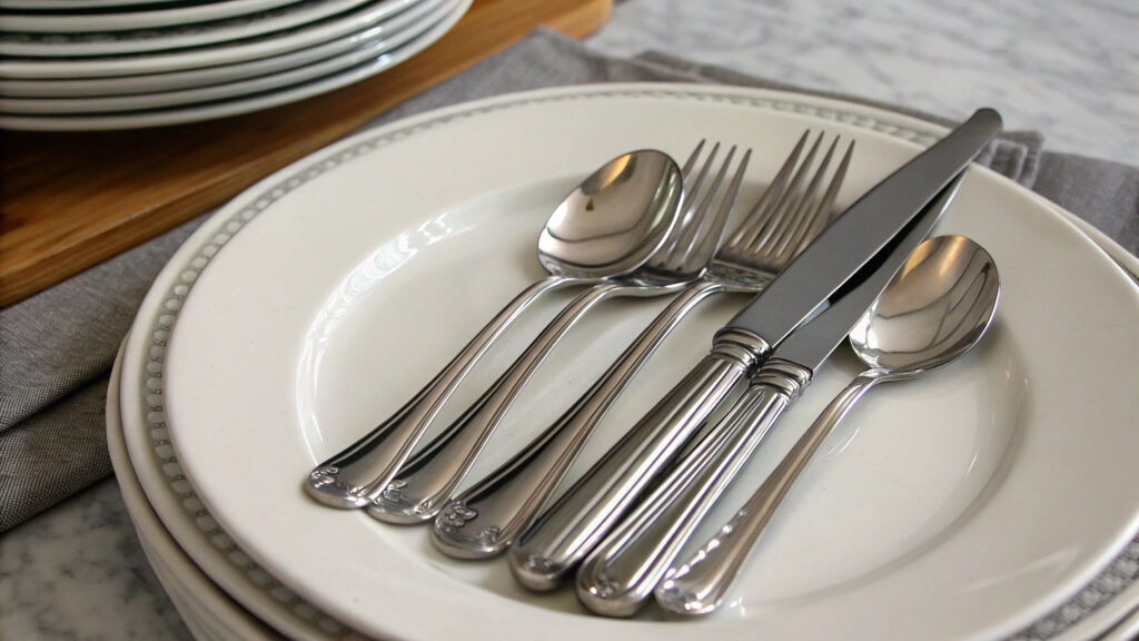 A close-up shot highlighting the mirror-like polish of 18/10 stainless steel