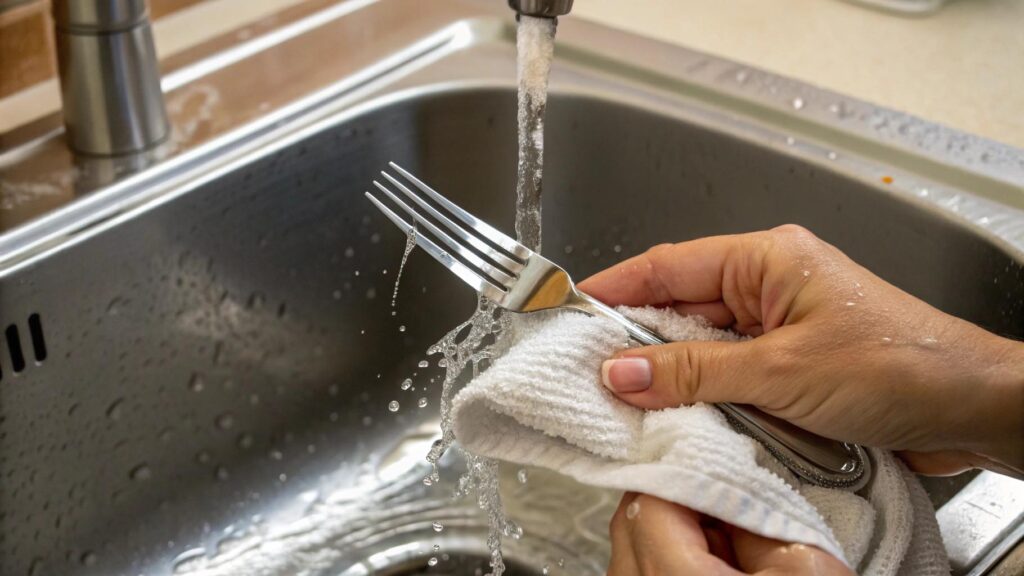 A person carefully hand-washing a stainless steel fork