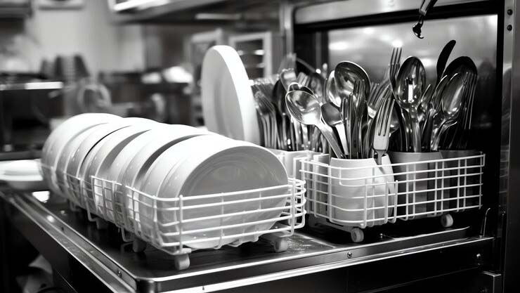 Caring for Restaurant Cutlery Cutlery being placed into a vertical commercial dishwasher rack