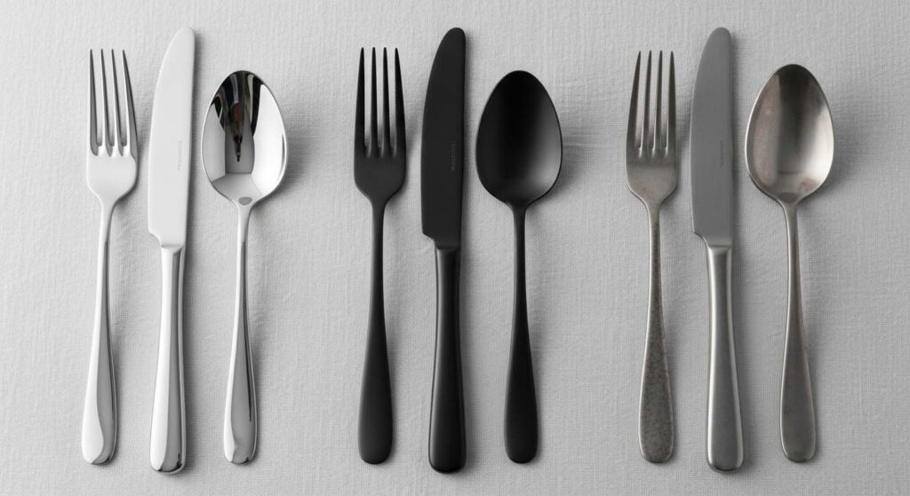 Types of Restaurant Cutlery Different types of cutlery materials like polished steel, matte black, and stonewashed
