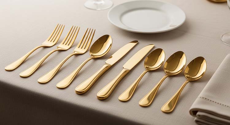 Two boxes of flatware on a shelf, one labeled "Gold Electroplated" and the other "Gold-Plated"