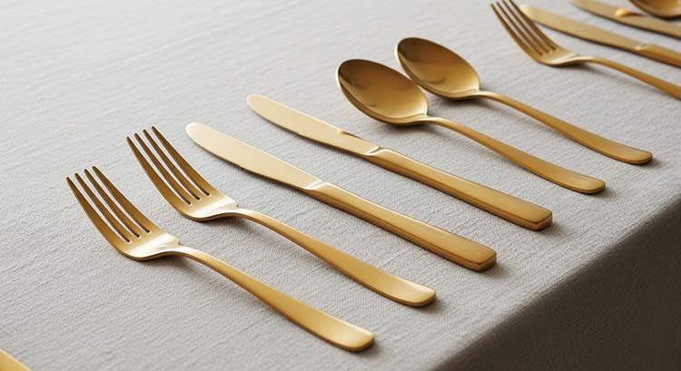 A sleek set of PVD gold flatware being loaded into a commercial dishwasher without any damage