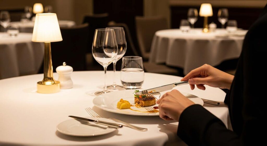 Cutlery as a Branding Tool A customer holding a high-quality fork in a fine dining restaurant