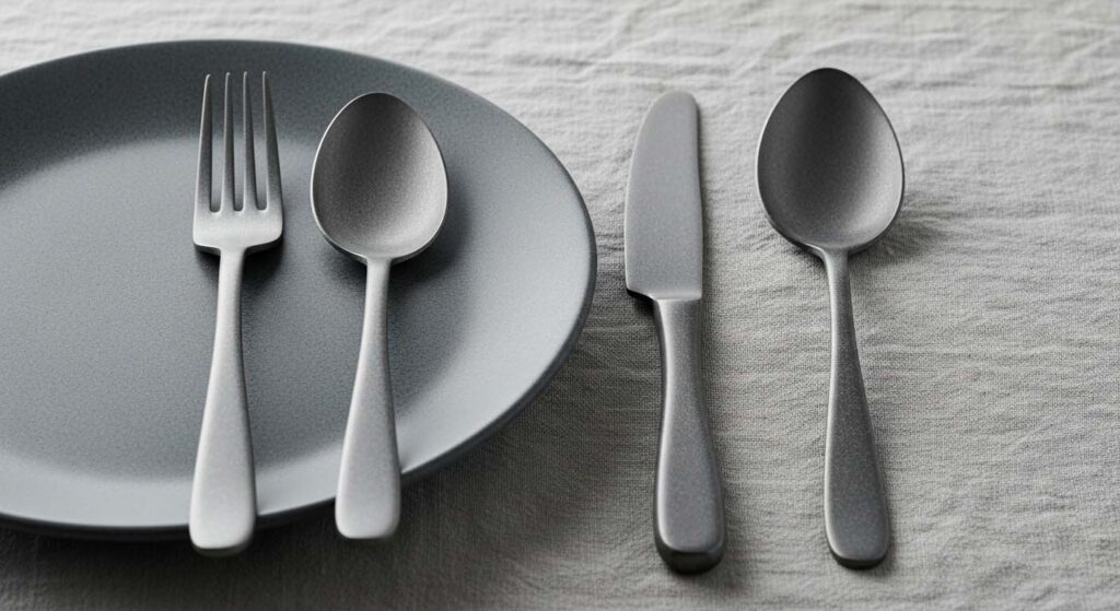 The Making of Stonewash Cutlery An industrial tumbling machine with cutlery and ceramic media visible inside