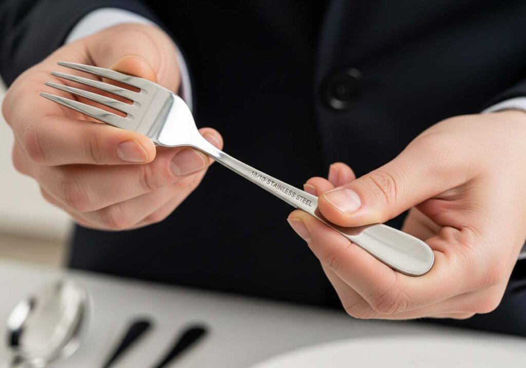 A professional buyer carefully inspecting the finish and stamp on a cutlery piece