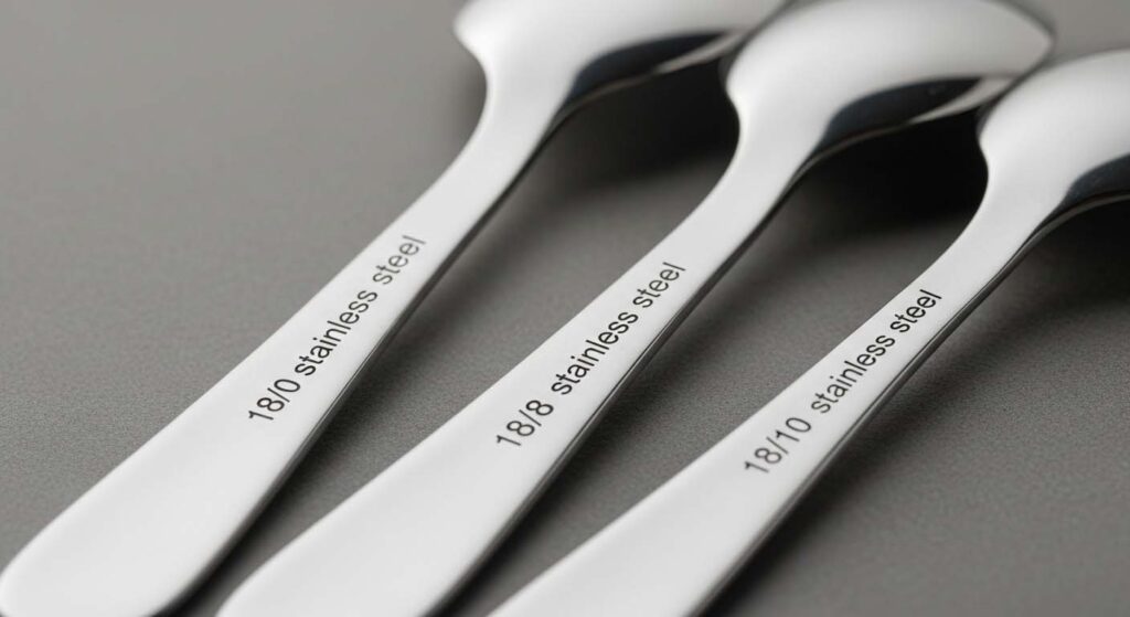 A close-up comparison of shiny 18/10 cutlery next to duller 18/0 cutlery