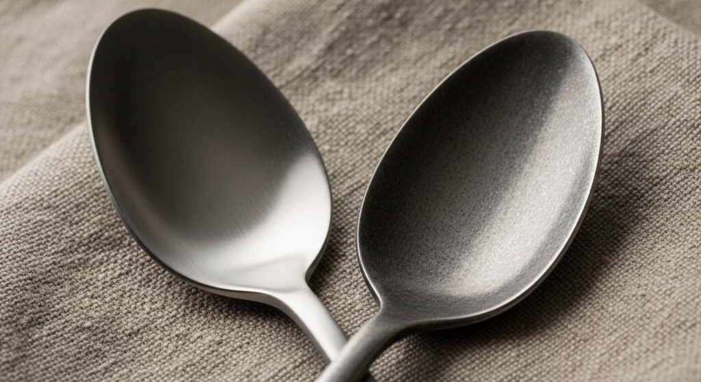 Satin vs. Stonewashed Cutlery A close-up showing the textures of a satin finish fork next to a stonewashed fork