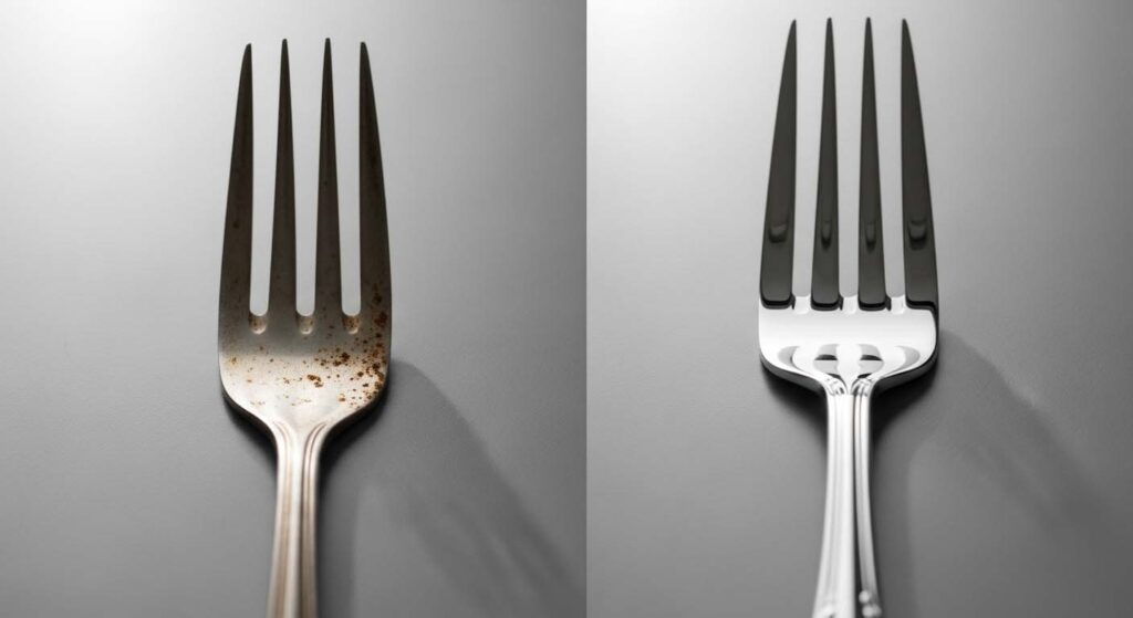 A side-by-side comparison of a shiny 18/10 fork and a rusted 18/0 fork