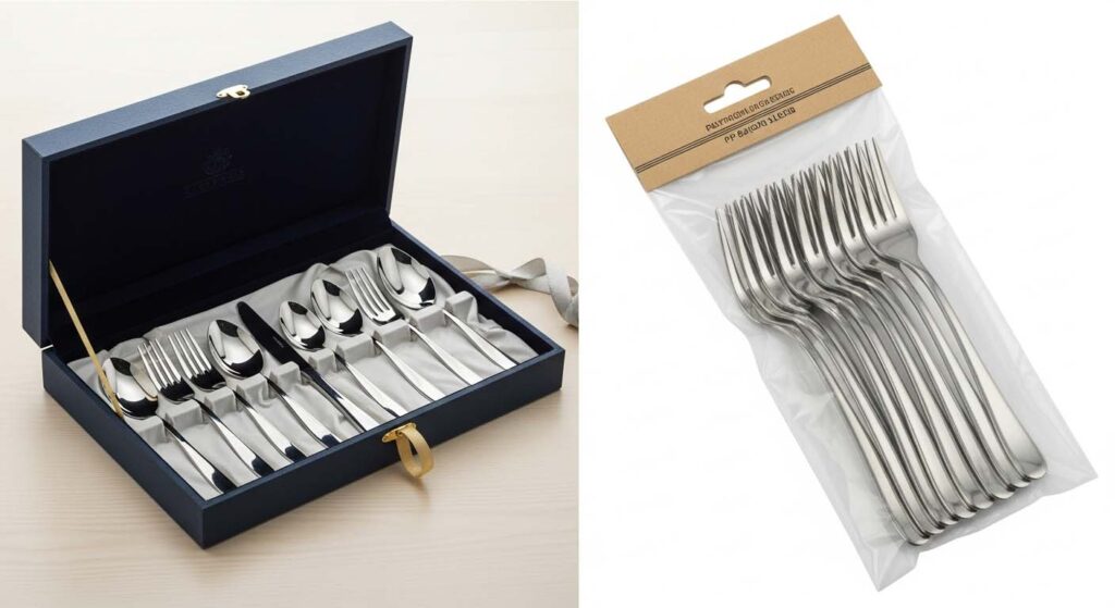 Different sized cutlery sets neatly arranged in their specific packaging