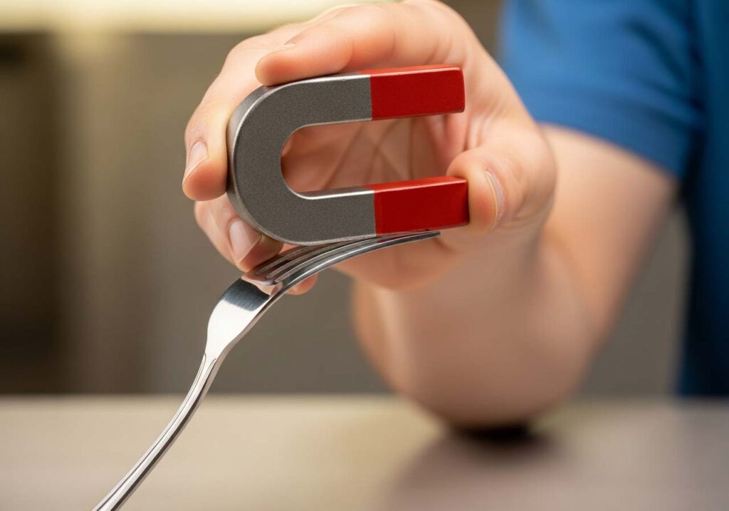 A person holding a strong magnet that is slightly clinging to a stainless steel fork