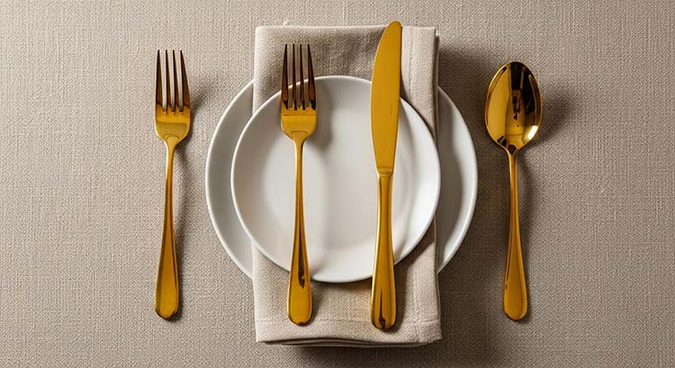 A side-by-side comparison of three gold forks showing different finishes: electroplate, plated, and PVD