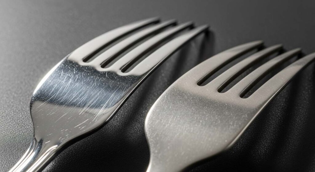 Benefits of Stonewashed Cutlery A side-by-side comparison of a mirror polish fork covered in scratches and a stonewashed fork looking new