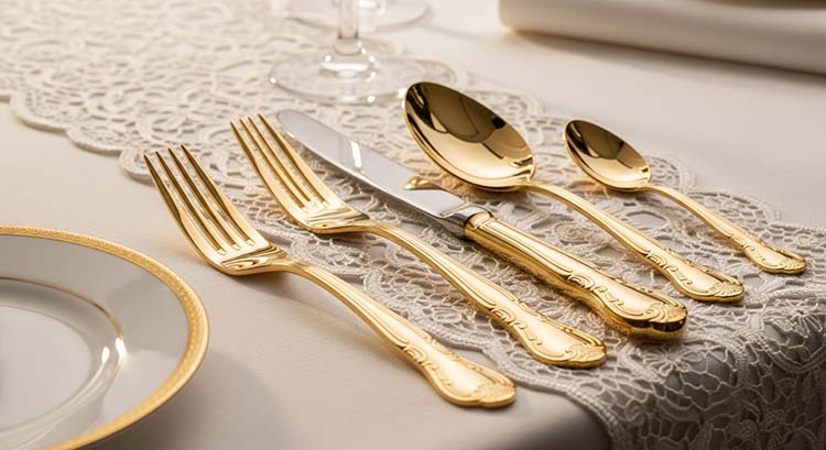 Two flatware boxes on a shelf, one with a "Gold Plated" label and the other with a "Gold Electroplate" label