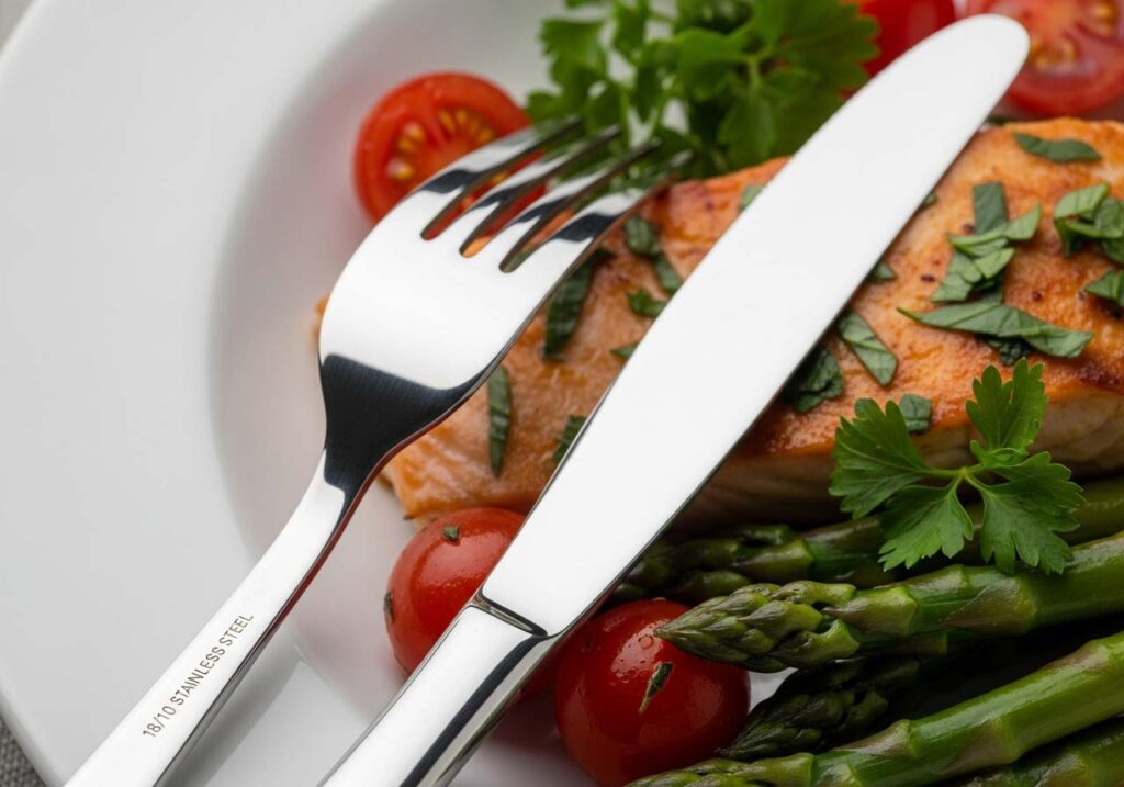A close-up of clean, safe 18/10 stainless steel cutlery on a plate of fresh food