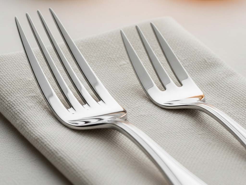 A large dinner fork placed next to a smaller, more delicate cake fork on a linen napkin