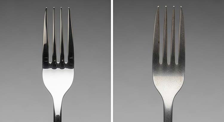 A side-by-side comparison of a shiny, sturdy stainless steel fork and a dull, slightly bent aluminum fork
