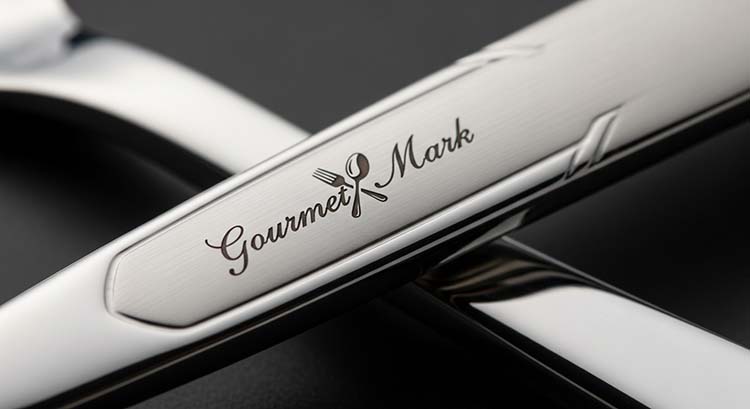 A close-up of a stainless steel fork with a subtle, chemically etched logo