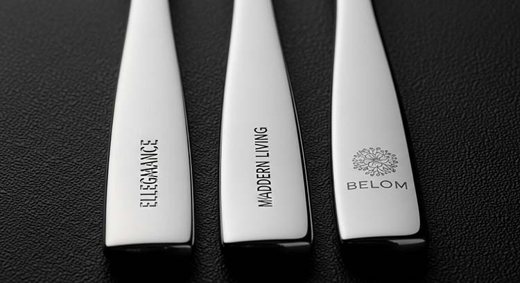 A comparison of laser engraved, etched, and stamped logos on stainless steel cutlery