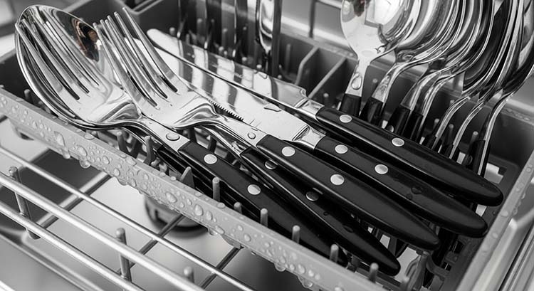 A dishwasher tray filled with clean ABS handle cutlery next to a person handwashing a wooden handle fork