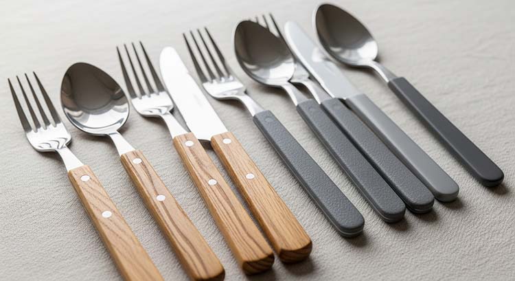 A side-by-side comparison of a wooden handle fork and a colorful ABS handle fork