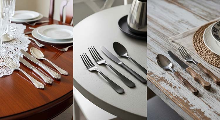 Matching Cutlery Style with Restaurant Theme Three different flatware styles: one ornate, one minimalist matte black, one rustic with a wood handle.