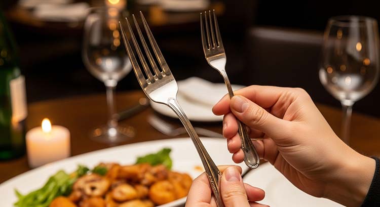 Deciding Between Fork, Knife, and Spoon Sizes A customer's hand holding a heavy, well-balanced dinner fork versus a small, light one.