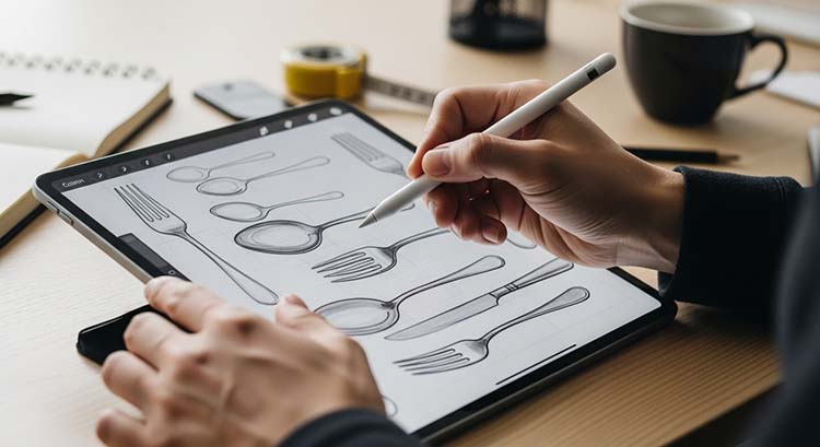 Custom OEM Cutlery Design Process A designer sketching custom cutlery designs on a tablet