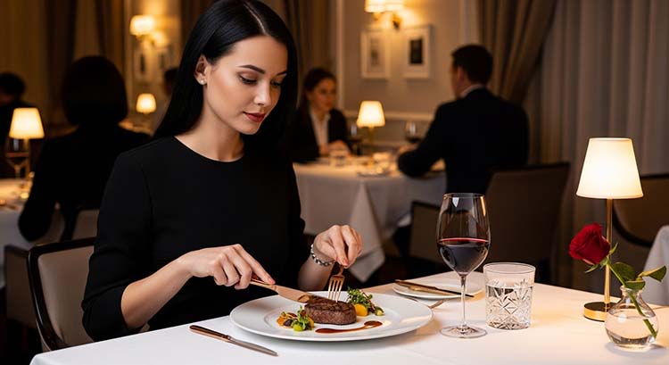 A person dining with rose gold cutlery in a fine dining restaurant