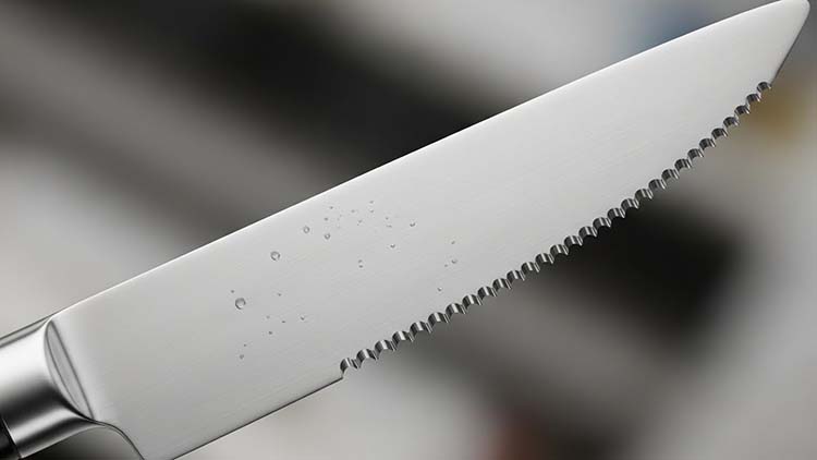 Close-up of a serrated stainless steel knife blade
