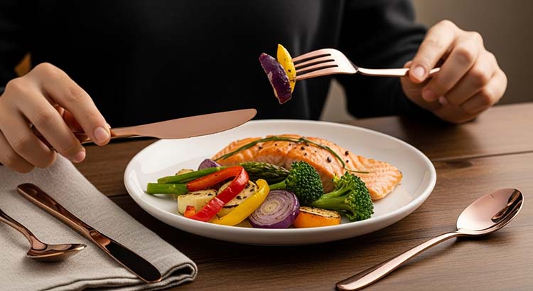 A food safety certificate icon next to a piece of rose gold cutlery