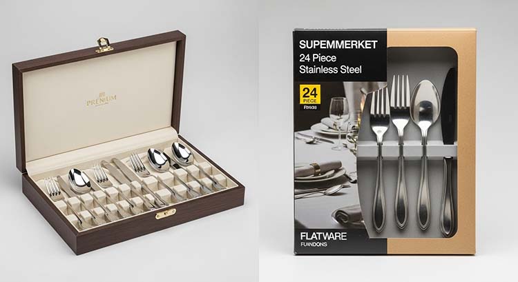 A side-by-side comparison of a luxury gift box and a practical supermarket window box