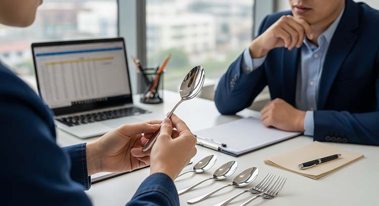 A procurement manager examining a sample spoon in a factory showroom with rows of flatware behind them