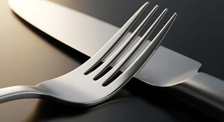 A fork showing its shiny finish and a knife blade highlighting its strength