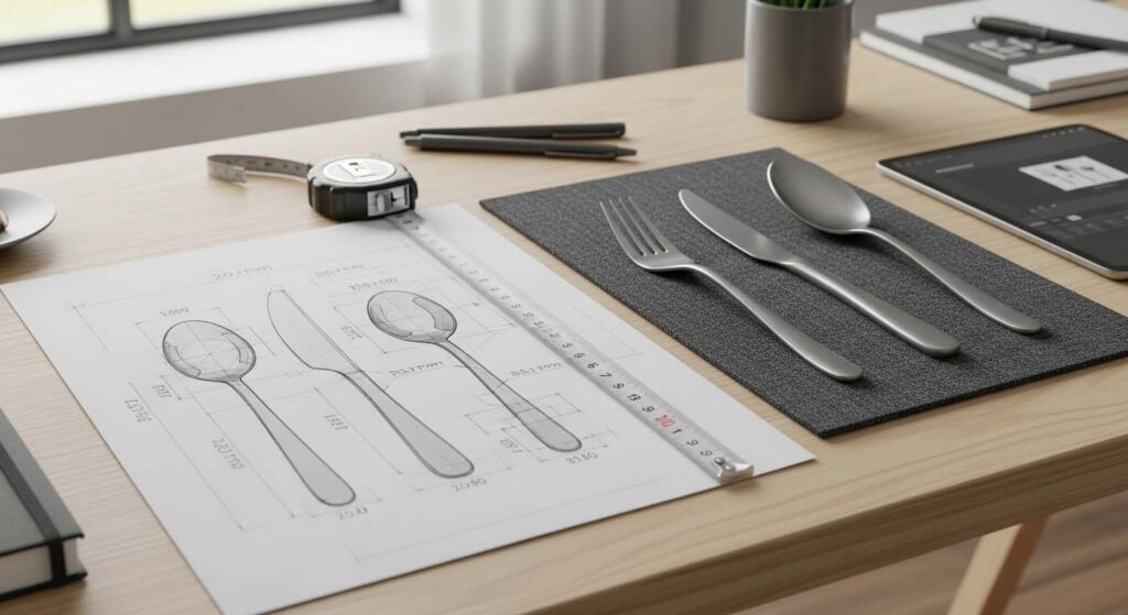 A detailed technical drawing of a custom fork with measurements