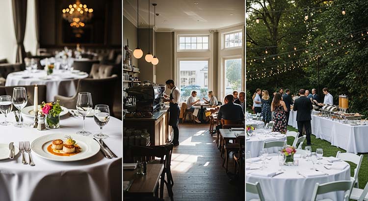 Different restaurant settings: fine dining, casual cafe, and catering event