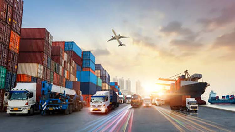 A container ship loaded with cargo containers ready for international shipping