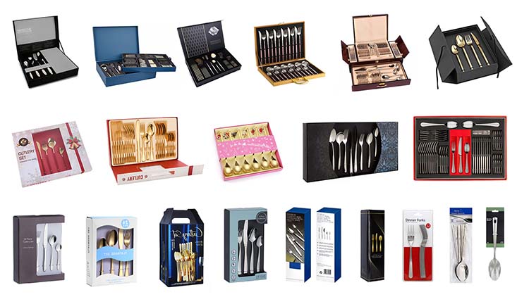A display of various silverware packaging options, from simple boxes to luxury wooden cases