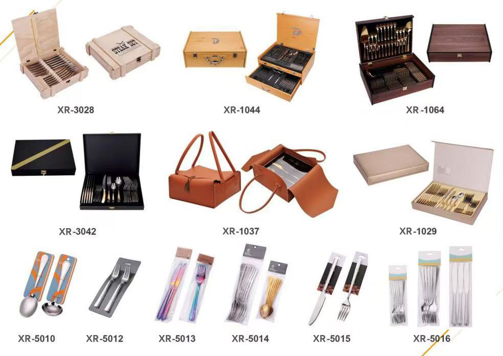 A variety of cutlery packaging options including bulk bags, color boxes, and e-commerce mailers